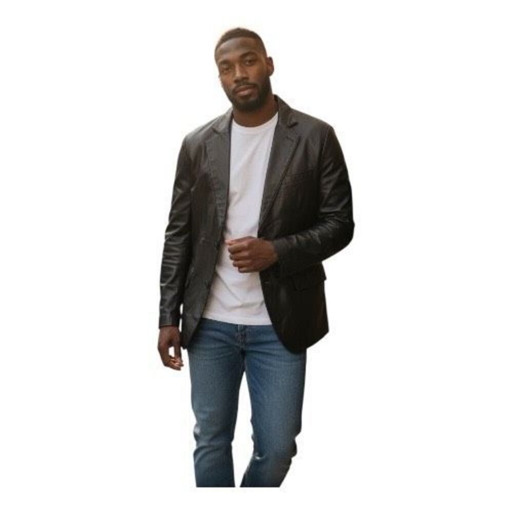 Decrum Mens Brandon Shiny Black Lambskin Leather Two Button Blazer Jacket Large